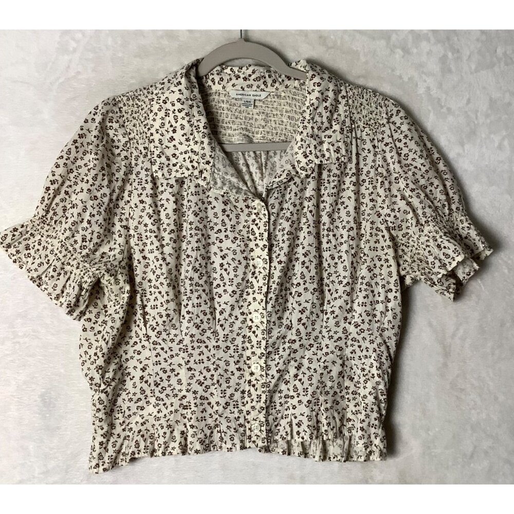 American Eagle Floral Button-Up Blouse Women Large Beige Brown Cottagecore